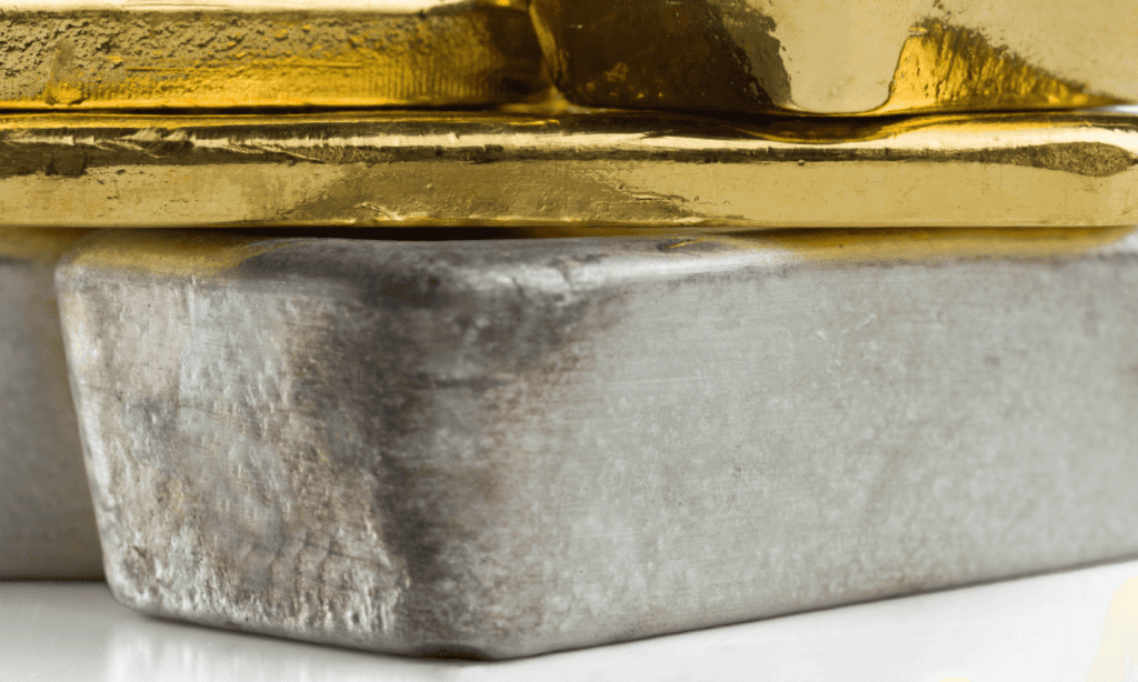 large silver and gold bullion bars